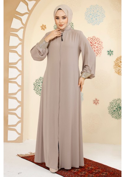 Fermuarlı Bej Tesettür Abaya 35168BEJ modelleri