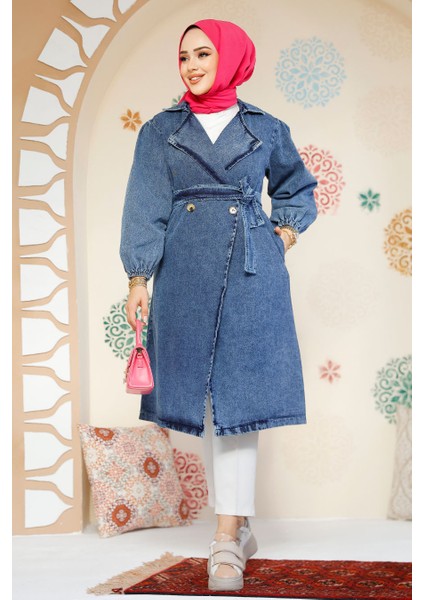 Kot Koyu Mavi Tesettür Trençkot 19128KM