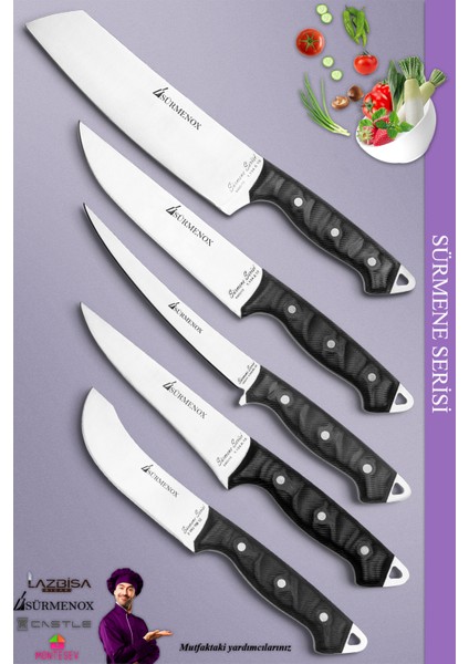 Sürmene Serisi Mutfak Şef Bıçak Seti Et Ekmek Sebze Salata Fileto Bıçağı 5'li Set Siyah ( MFT-025 )