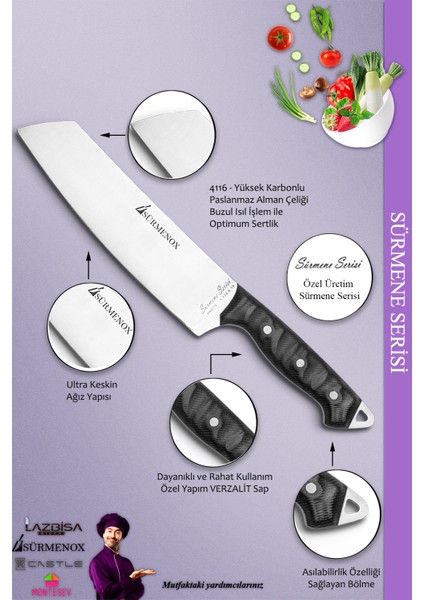 Sürmene Serisi Mutfak Şef Bıçak Seti Et Ekmek Sebze Salata Fileto Bıçağı 5'li Set Siyah ( MFT-025 )