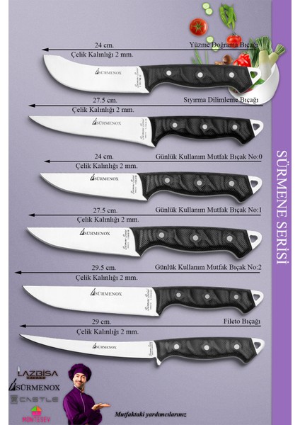 Sürmene Serisi Mutfak Bıçak Seti Et Ekmek Sebze Salata Fileto Bıçağı 6 Lı Set Siyah ( MFT-028 )