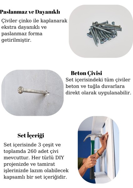 260 adet Paslanmaz Beton Çivisi Seti - 3 Çeşit Çelik Beton, Duvar, Parke Çivisi