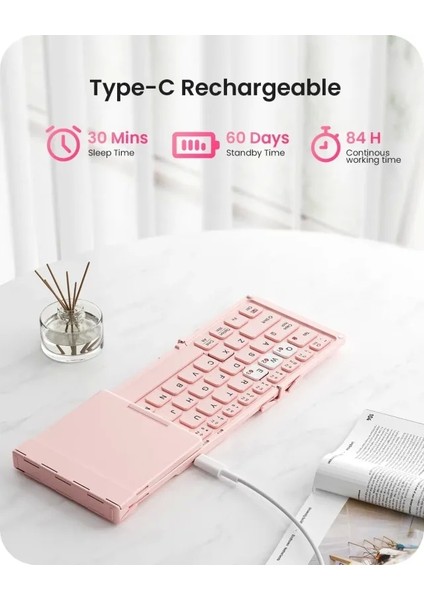 Katlanabilir Bluetooth Klavye Pembe