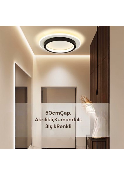 50 cm Akrilikli Yuvarlak Kumandalı,dimli 3 Işık Renkli LED Tavan Lambası, Modern Avize indirimleri