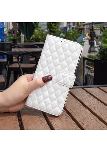Xiaomi Redmi Için Note 14 Pro+ 5g/note 14 Pro 5g/poco X7 5g Kılıf Eşkenar Dörtgen Telefon Deri Kapak Standı-Beyaz (Yurt Dışından)
