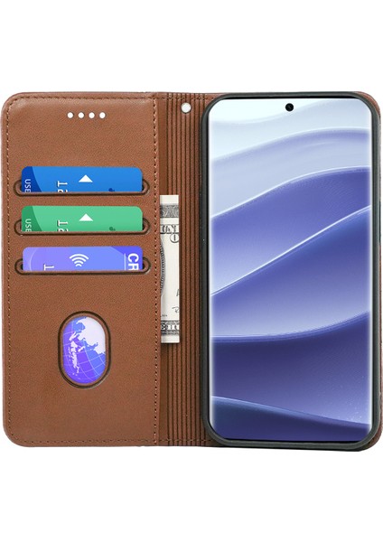 Xiaomi Redmi Note 14 Pro 4g Cüzdan Kılıf Manyetik Kapanış Pu Deri Telefon Kapağı-Kahverengi (Yurt Dışından) modelleri