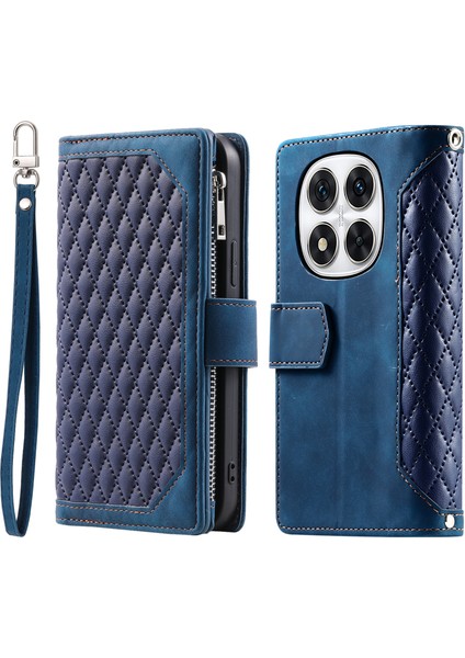 Xiaomi Redmi Note 14 Pro 4g Cüzdan Kılıfı Eşkenar Dörtgen Dikiş Hattı Pu Deri Telefon Kapağı-Mavi (Yurt Dışından)