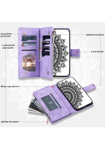 Xiaomi Redmi Note 14 Pro 4g Cüzdan Kılıf Pu Deri Telefon Kapağı Mandala Çiçek Desenli-Mor (Yurt Dışından)