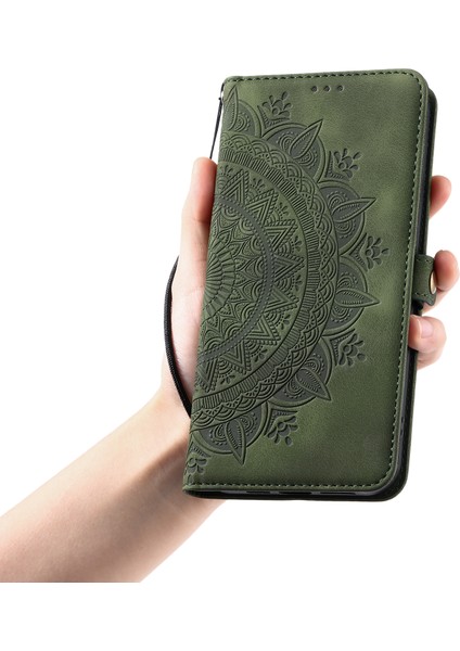 Xiaomi Redmi Note 14 Pro 4g Kılıf Için Cilt Hissediyorum Totem Baskılı Cüzdan Deri Telefon Kapağı-Balckish Green (Yurt Dışından)