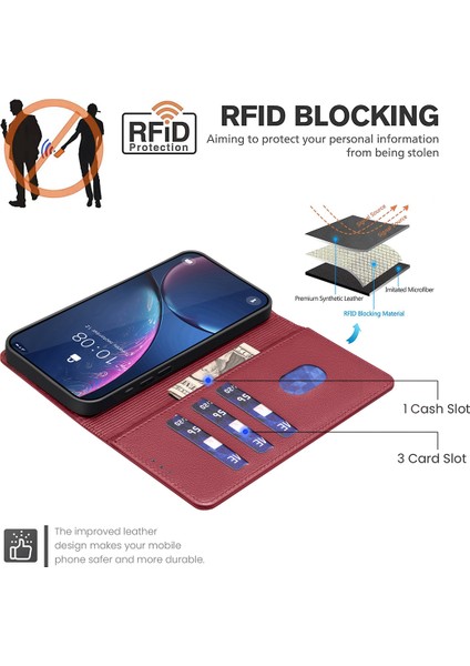 Xiaomi Redmi Için Not 14 Pro+ 5g/not 14 Pro 5g/poco X7 5g Deri Kılıf Cüzdan Rfıd Engelleme Telefon Kapağı-Kırmızı (Yurt Dışından)
