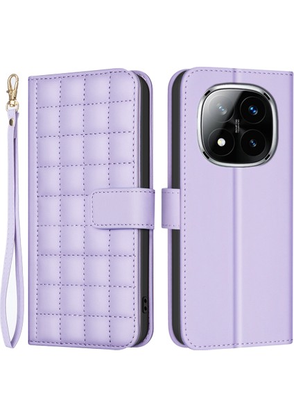 Xiaomi Redmi Için Not 14 Pro+ 5g/not 14 Pro 5g/poco X7 5g Deri Kılıf Cüzdan Kare Izgara Telefon Kapağı-Açık Mor (Yurt Dışından)