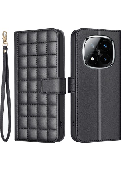 Xiaomi Redmi Için Not 14 Pro+ 5g/not 14 Pro 5g/poco X7 5g Deri Kılıf Cüzdan Kare Izgara Telefon Kapağı-Balck (Yurt Dışından)