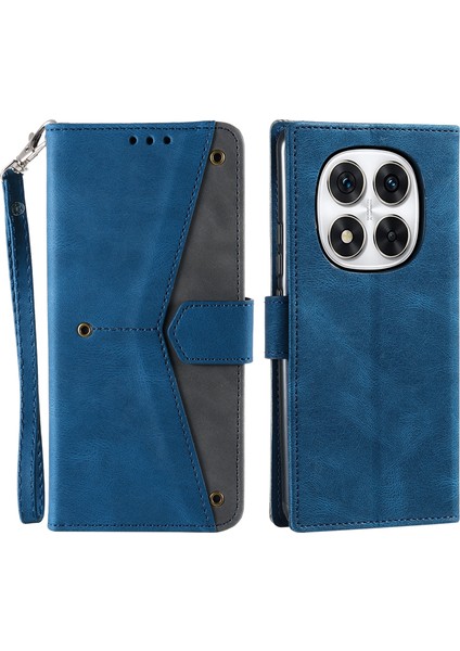 Xiaomi Redmi Note 14 Pro 4g Deri Kılıf Ekleme Dikiş Cüzdan Telefon Kılıfı Bilek Kayışı-Mavi (Yurt Dışından)