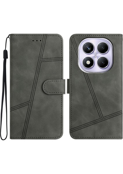 Xiaomi Redmi Note 14 Pro 4g Kılıf Flip Deri Retro Telefon Kapak Hatları Baskılı-Gri (Yurt Dışından)