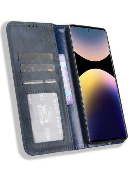 Xiaomi Redmi Note 14 Pro 4g Kılıf Cüzdan Standı Retro Doku Deri Telefon Kapağı-Mavi (Yurt Dışından)