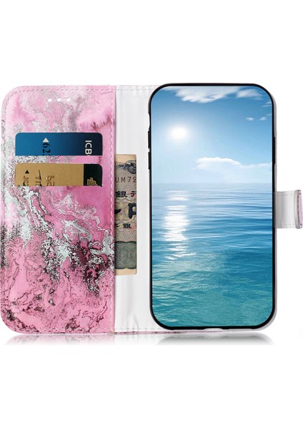 Xiaomi Redmi Note 14 Pro 4g Kılıf Için Mermer Boyalı Cüzdan Standı Folyo Deri Kapak Flip Tasarım-Pembe Deniz Suyu Mermer (Yurt Dışından)
