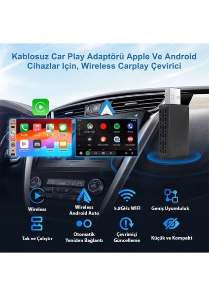 Apple Iphone ve Android Ile Uyumlu Kablosuz Carplay Multimedya Çeviricisi, Navigasyon, Müzik Çevirici