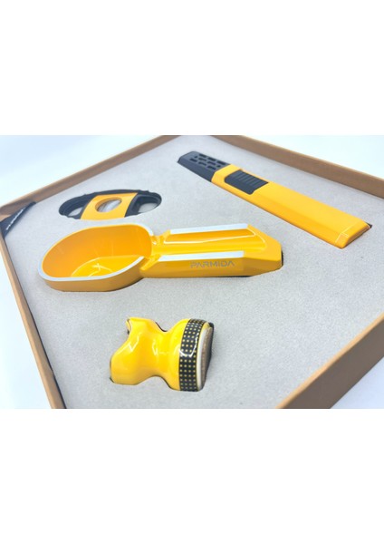 Çakmak Küllük Kesici Sehpa Dörtlü Puro Seti - Sarı fiyatları