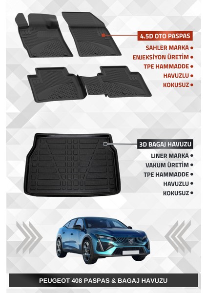Peugeot 408 2022+ Uyumlu 4.5d Premium Havuzlu Paspas ve Liner Marka 3D Bagaj Havuzu