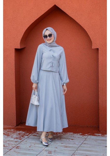 Fiyonk Detay Bluz Etek Pamuk Kraş Takım-Gri