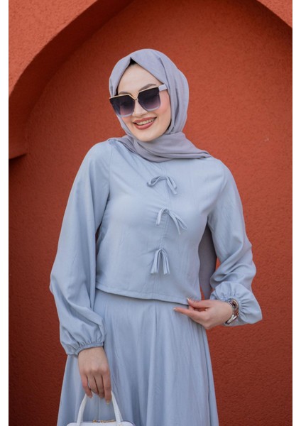 Fiyonk Detay Bluz Etek Pamuk Kraş Takım-Gri fiyatları