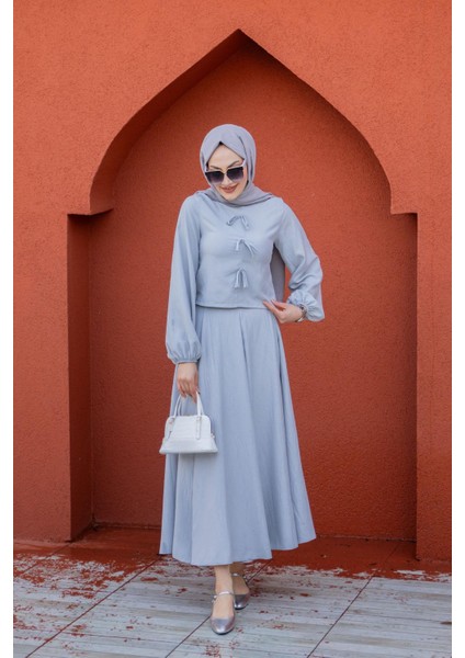 Fiyonk Detay Bluz Etek Pamuk Kraş Takım-Gri modelleri