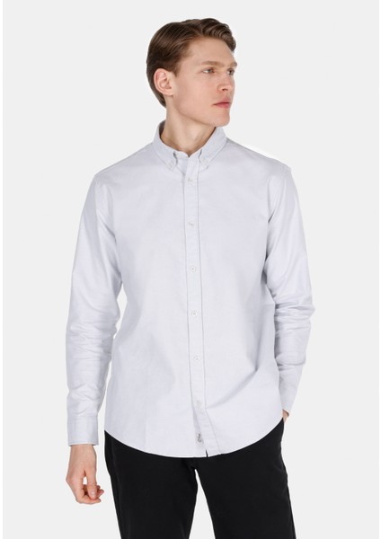 Regular Fit Shirt Neck Düz Erkek Taş Uzun Kol Gömlek
