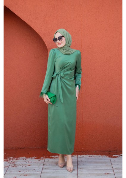 Parl Asetat Saten Abiye Elbise-Krem