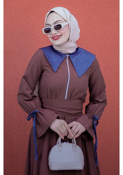 Kot Yaka Detaylı Poplin Elbise-Kahve fiyatları