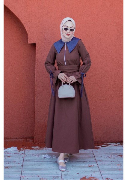 Kot Yaka Detaylı Poplin Elbise-Kahve modelleri