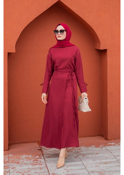 Anvelop Bağlamalı Etek Bluz Takım-Bordo