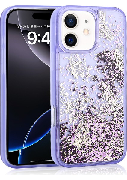 Apple iPhone 12 Kılıf Sıvılı Simli Kelebek Baskılı Şeffaf Arka Yüzey Glis Silikon Kapak