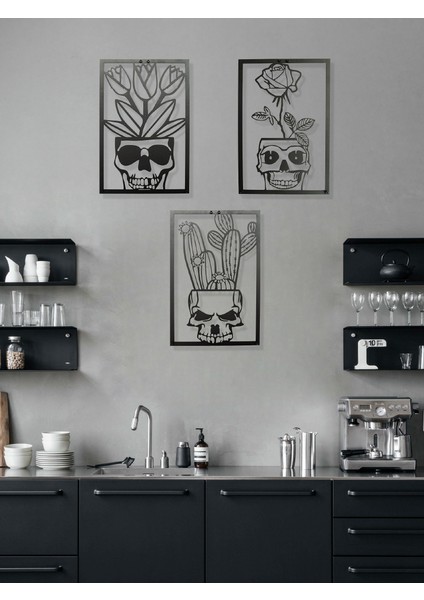 Memento Mori Kuru Kafalar 3'lü Set Metal Duvar Tablosu