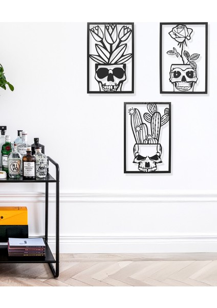 Memento Mori Kuru Kafalar 3'lü Set Metal Duvar Tablosu