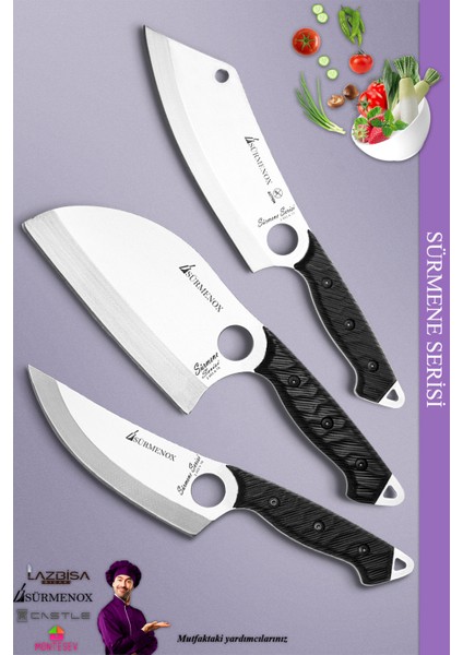 Sürmene Serisi Mutfak Kamp Şef Bıçak Seti Et Ekmek Salata Kamp Şef Bıçağı Siyah 3'lü Set ( MFT-037 )
