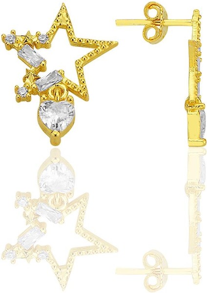 Gümüş Altın Yaldızlı Baget Kesim Zirkon Taşlı Kalp Sallantılı Yıldız Küpe SGTL12771GOLD