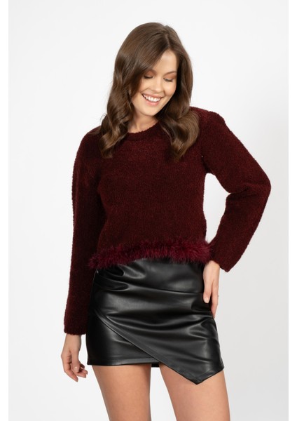 Rtd&vld Kadın S31 Fur Pull Bisiklet Yaka Eteği Tüylü Triko Kazak Bordo