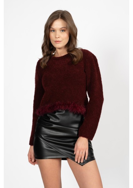 Rtd&vld Kadın S31 Fur Pull Bisiklet Yaka Eteği Tüylü Triko Kazak Bordo modelleri