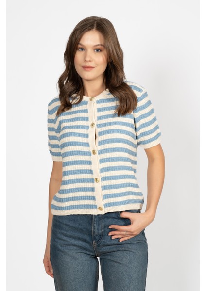 Rtd&vld Kadın VITA-189 Stripe Gold Düğme Kısa Kollui Triko Bluz Mavi