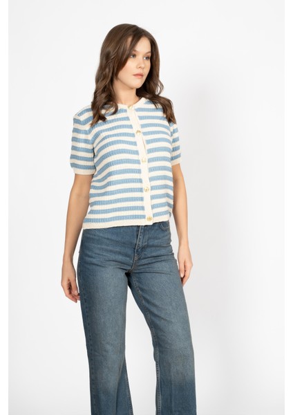 Rtd&vld Kadın VITA-189 Stripe Gold Düğme Kısa Kollui Triko Bluz Mavi fiyatları