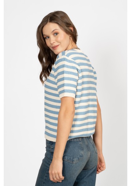 Rtd&vld Kadın VITA-189 Stripe Gold Düğme Kısa Kollui Triko Bluz Mavi modelleri