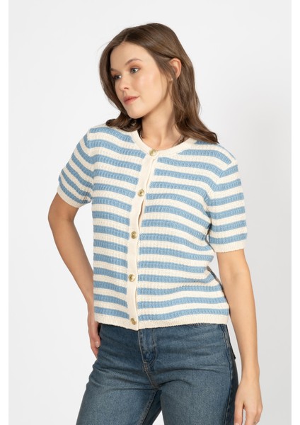 Rtd&vld Kadın VITA-189 Stripe Gold Düğme Kısa Kollui Triko Bluz Mavi fırsatları