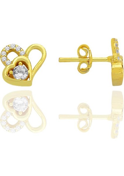 Gümüş Altın Yaldızlı Zirkon Taşlı Birleşen Kalpler Küpe SGTL12770GOLD