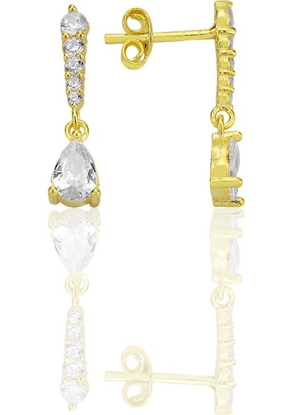 Gümüş Altın Yaldızlı Sıra Taşlı Sallantılı Damla Küpe SGTL12773GOLD
