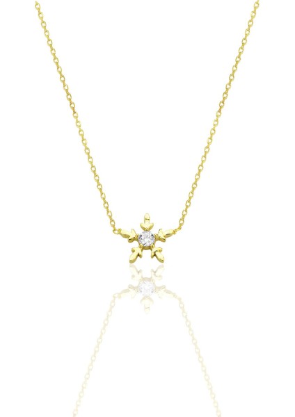 Gümüş Altın Yaldızlı Zirkon Tek Taşlı Mini Buz Kristali Kar Tanesi Kolye SGTL12793GOLD