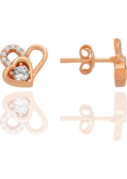 Gümüş Rose Zirkon Taşlı Birleşen Kalpler Küpe SGTL12770ROSE