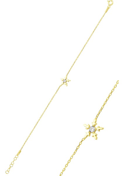 Gümüş Altın Yaldızlı Zirkon Tek Taşlı Buz Kristali Kar Tanesi Bileklik SGTL12766GOLD