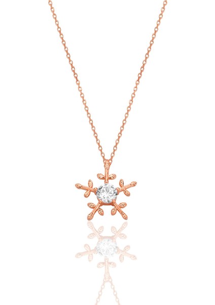 Gümüş Rose Zirkon Tek Taşlı Buz Kristali Kar Tanesi Kolye SGTL12790ROSE