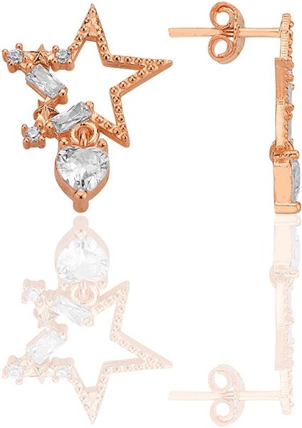 Gümüş Rose Baget Kesim Zirkon Taşlı Kalp Sallantılı Yıldız Küpe SGTL12771ROSE