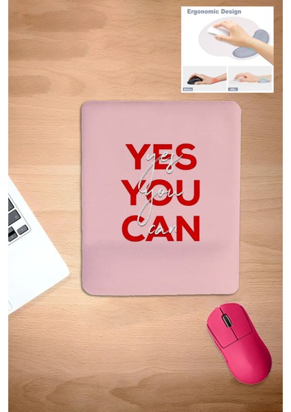 Yes You Can, Kare, Pembe Mouse Pad, Bilek Destekli, Bilgisayar Laptop Aksesuarı
